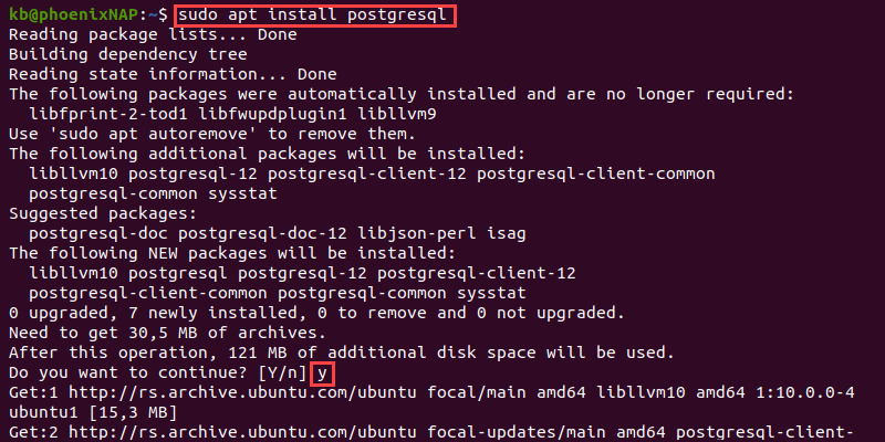 install postgresql terminal output