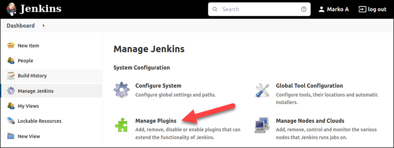 Navigating to Manage Plugins window in Jenkins.