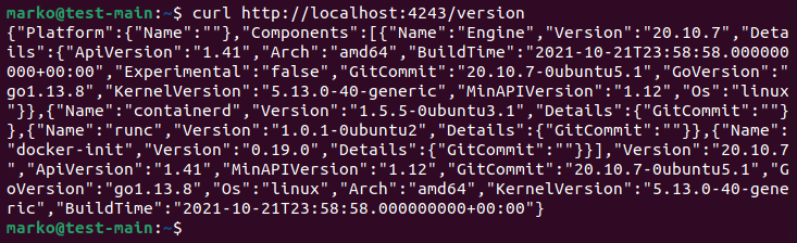 The output of the curl command, showing the Docker version details.
