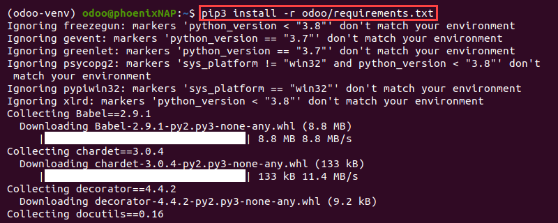 pip3 install odoo requirements terminal output