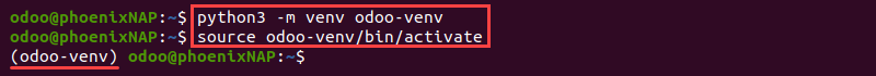 python venv odoo create and activate terminal output
