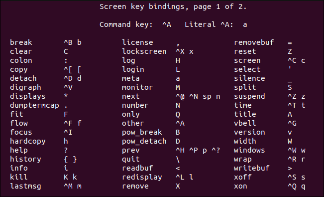 Screen command list.