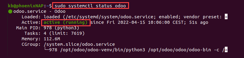 sudo systemctl status odoo active (running) terminal