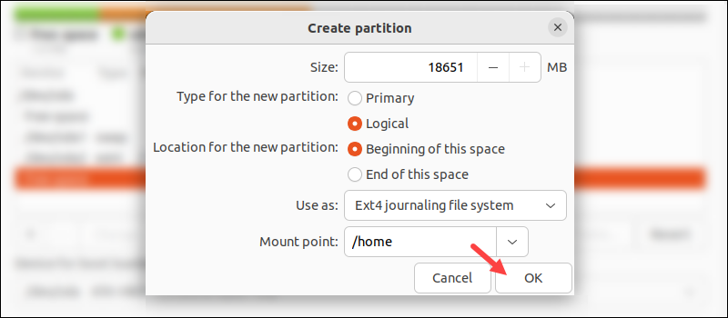 user disk partition settings