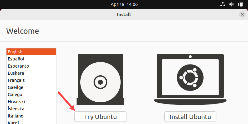 welcome menu try ubuntu button