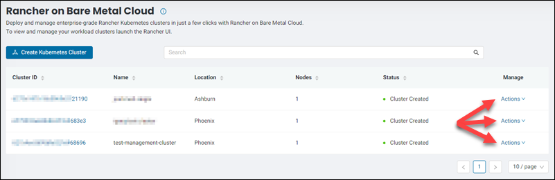 The location of Actions items on the Rancher on Bare Metal Cloud page.