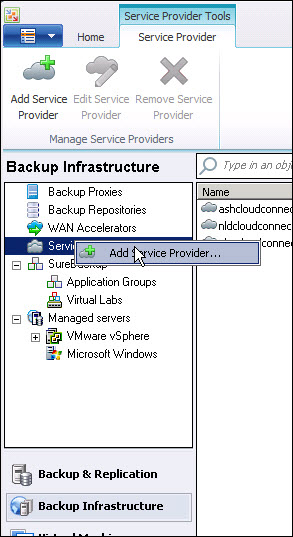 Add a service provider in Veeam Backup and Replication.