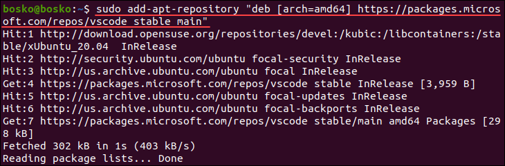 Adding the vscode repository to ubuntu before installation.