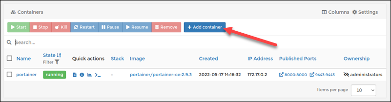 The location of the Add container button in the Containers section.