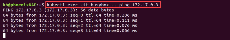 busybox ping pod response terminal output