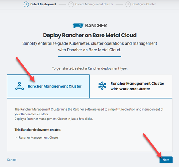 Selecting the option to deploy a Rancher management cluster only.