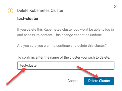 Delete Kubernetes cluster dialogue.