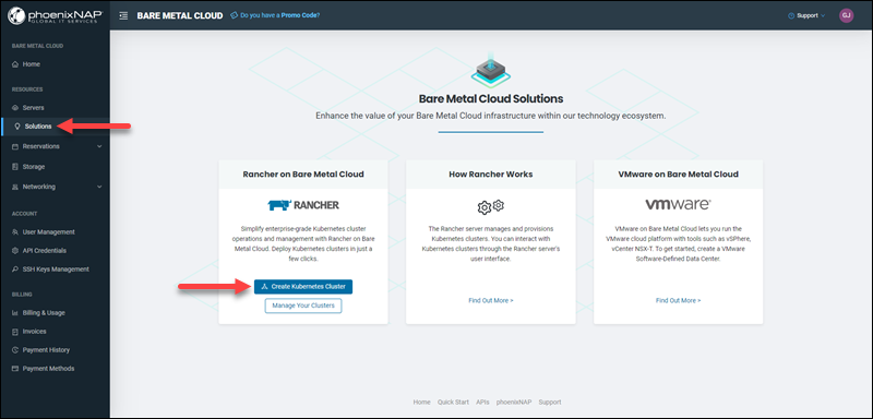 The Create Kubernetes Cluster button on the Solutions page of the BMC Portal.