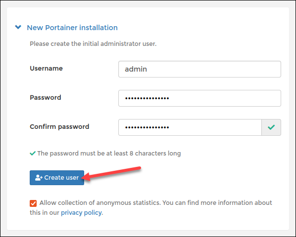 Creating a password for the admin account in Portainer.