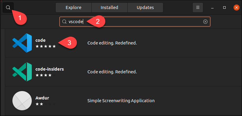 Searching for vscode in the Ubuntu Software application.
