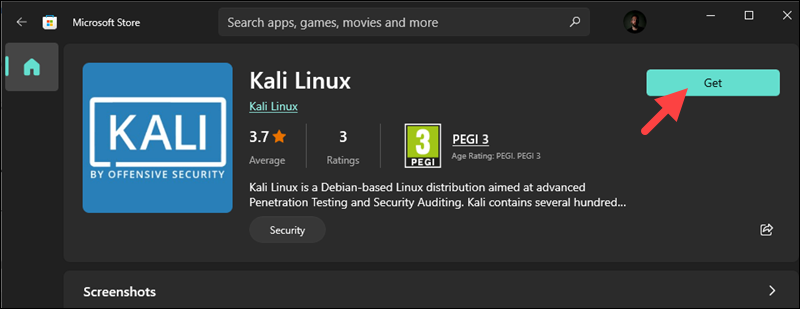 Installing Kali linux on Windows using the Microsoft Store.