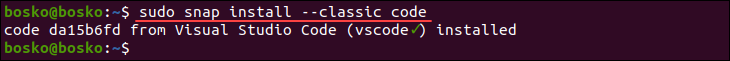 Installing vscode on ubuntu via the snap package.