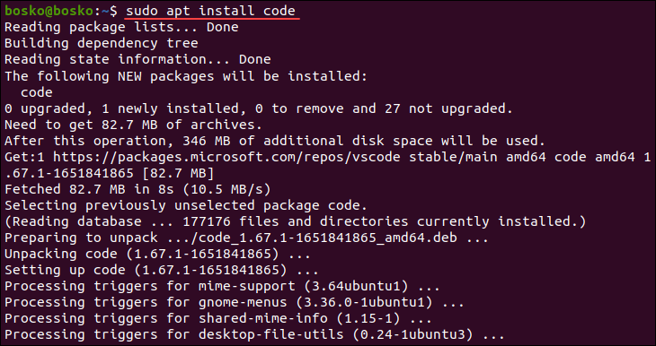 Installing vscode using the apt package manager.