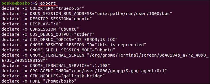 Linux export command output.