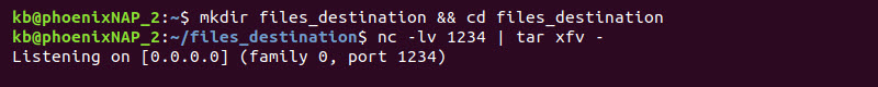 nc listen for tar transfer terminal output