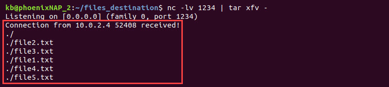nc transferred files destination terminal output