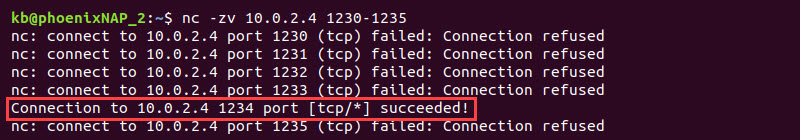 nc -zv 10.0.3.4 scan port range terminal output