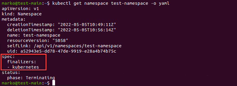 Displaying the configuration of a namespace in the yaml format.