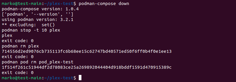 The output of the podman-compose down command.