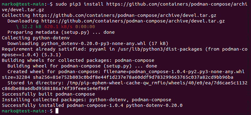 Installing the latest development version of podman-compose with pip3.