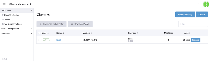 The cluster management dashboard in Rancher.