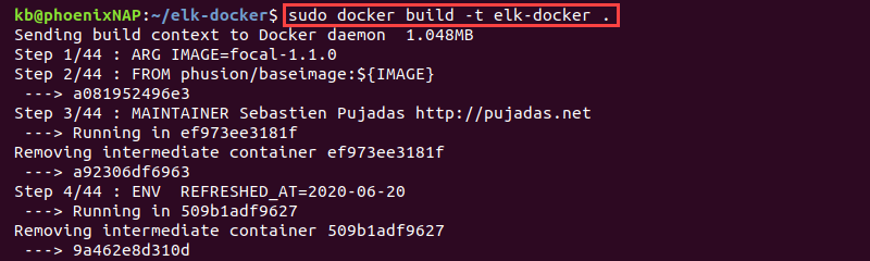 sudo docker build -t elk stack terminal output