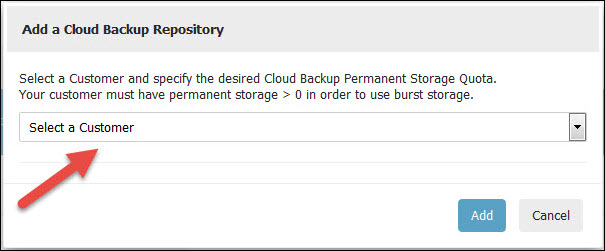 Choosing a customer account for Cloud Backup.
