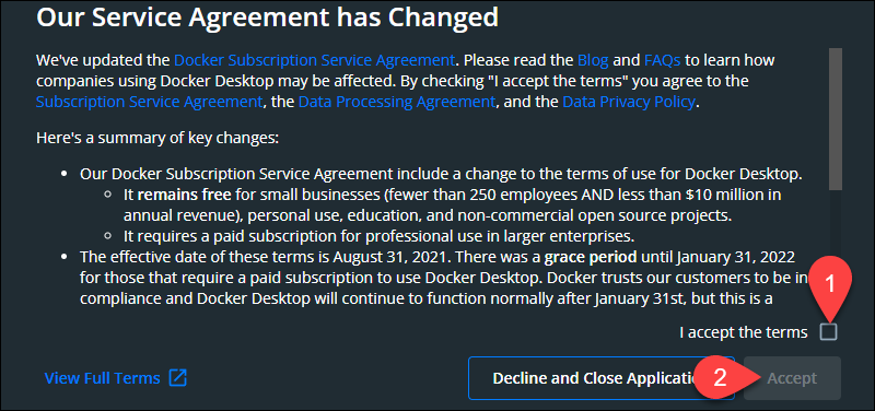 Agreeing to the Docker Service Agreement.