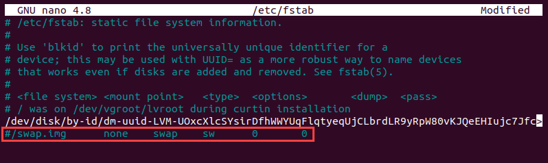 Editing the fstab file to disable swap on the system.