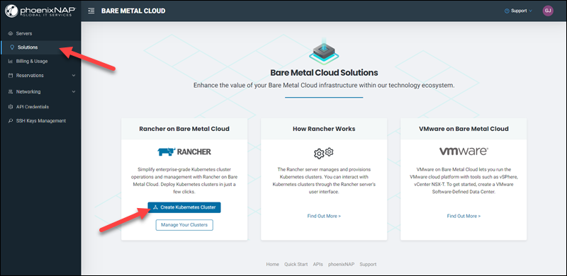 The Solutions page on Bare Metal Cloud portal.