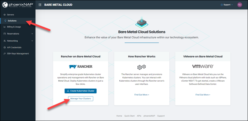 Navigating to Manage Your Clusters option on the BMC Solutions page.