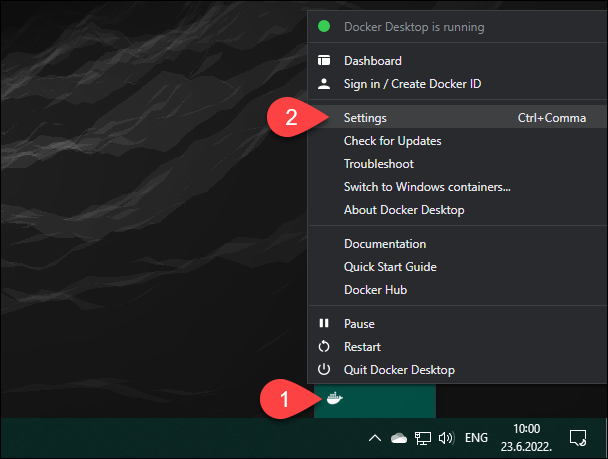 Opening Docker settings in Windows.