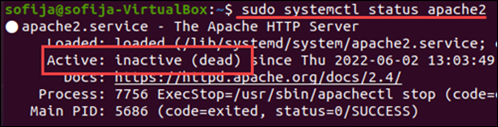 Apache status showing an inactive server.