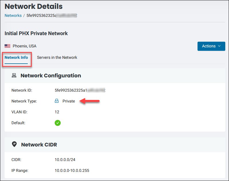 The Network Info tab for a private network