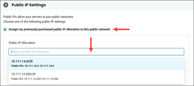 Network public IP settings in the BMC portal. 