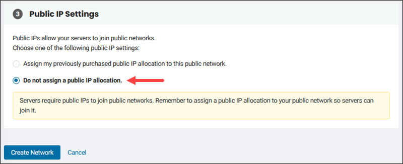 Network settings without assigning public IP allocation. 