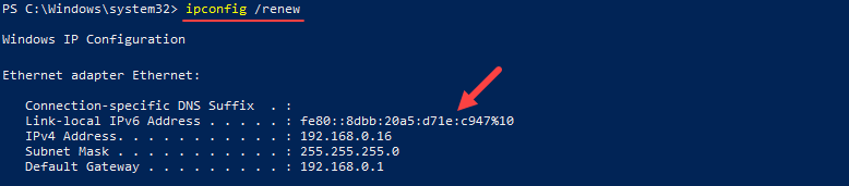 Renewing the private IP address in Windows using PowerShell.