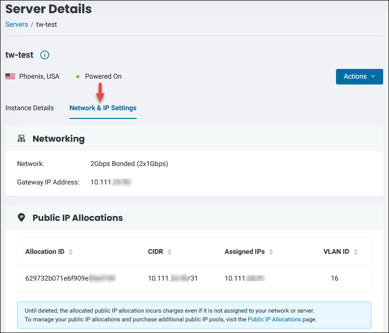 Network & IP Settings tab in the server details screen. 