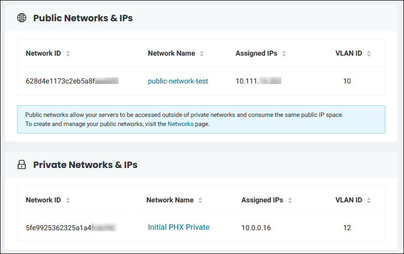 Server details page with private and public network information
