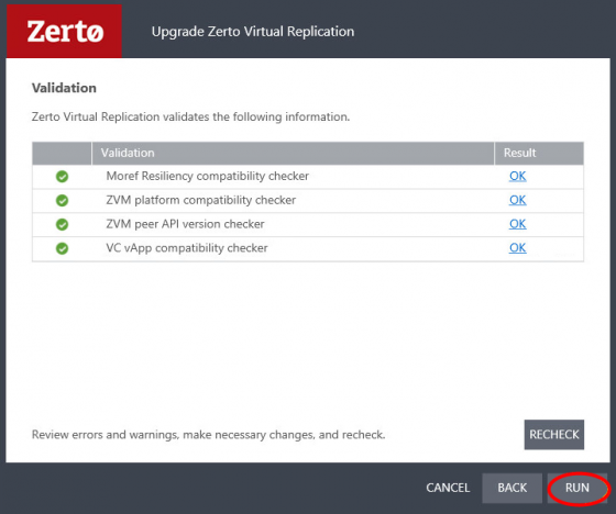 Zerto validation check before upgrading.