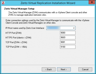 Zerto virtual manager dialog during installation.