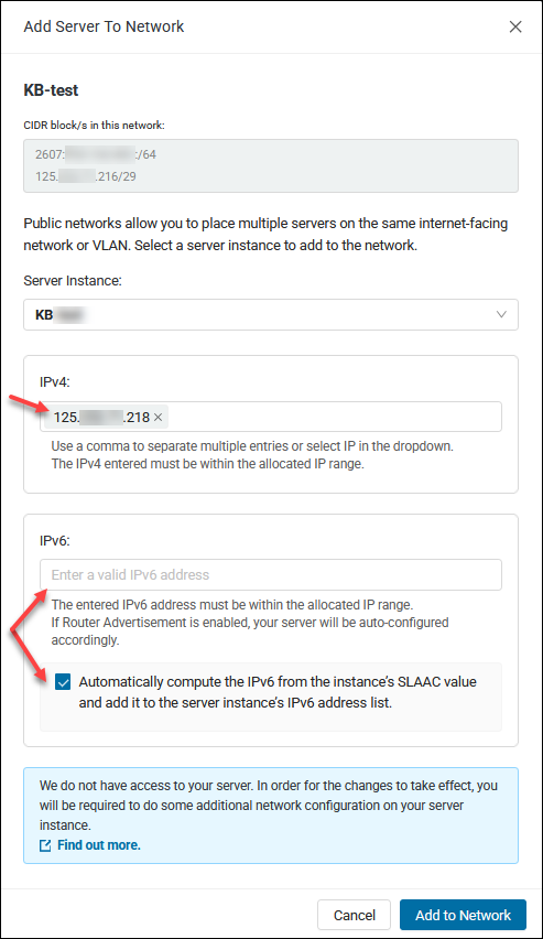 Add server to network dual stack