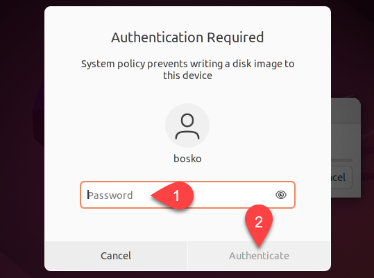 Providing the administrator password to write ISO to USB in Ubuntu.