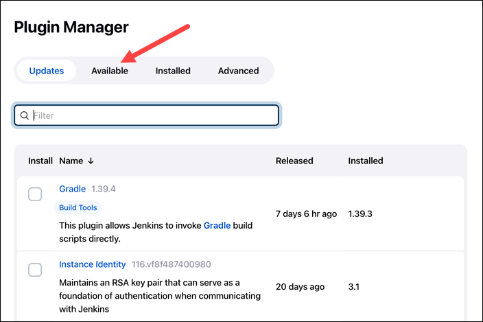 Manage Jenkins plugins available tab
