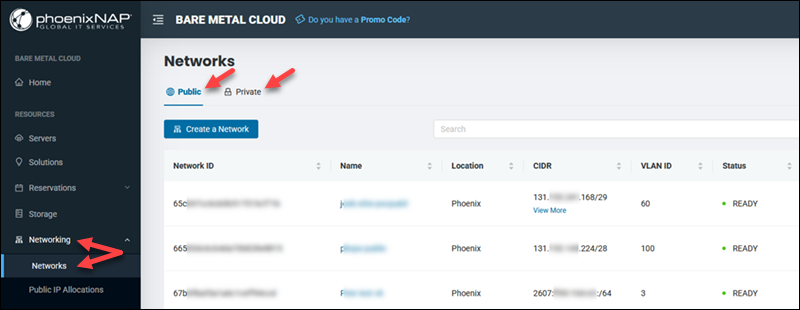 BMC Networks Public or Private tabs